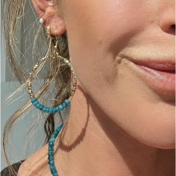 Blue Apatite Sparkly Gold Hoop Earring Fun dangle party earring vacation jewelry - Picture 2 of 8
